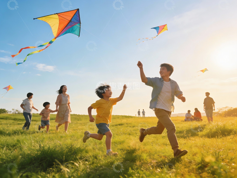 高清大图下载【趣麦麦图】家庭户外放风筝欢乐场景