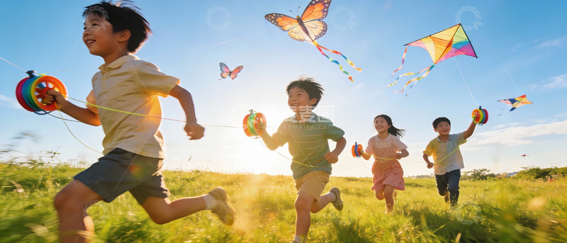 高清大图下载【趣麦麦图】孩子们草地上放风筝