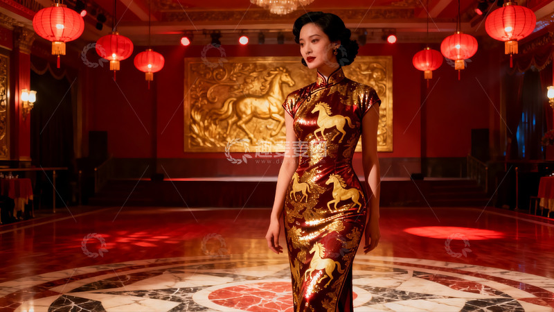 高清大图下载【趣麦麦图】身着金色马纹旗袍的女子