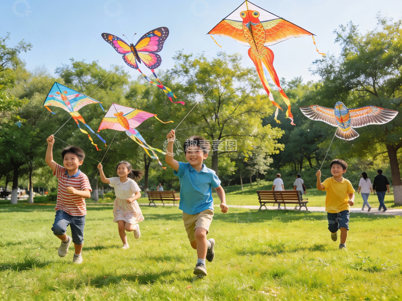 高清大图下载【趣麦麦图】儿童公园放风筝欢乐场景