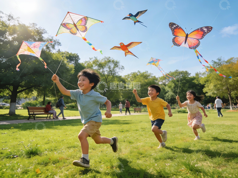 高清大图下载【趣麦麦图】儿童公园放风筝欢乐场景