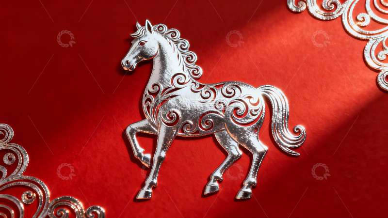 高清大图下载【趣麦麦图】红色背景上的银色马形装饰品
