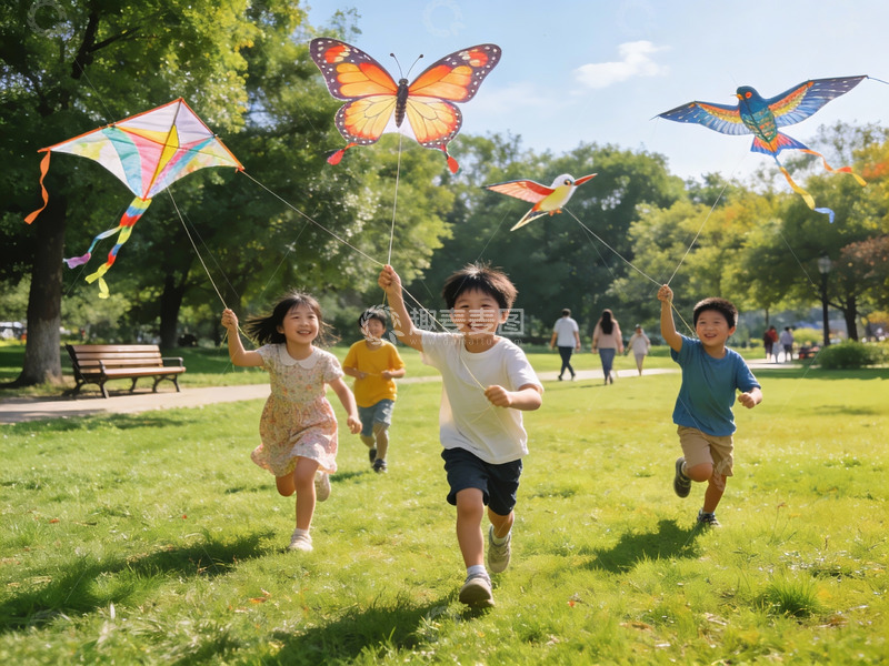 高清大图下载【趣麦麦图】孩子们户外放风筝欢乐奔跑