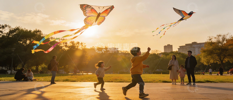 高清大图下载【趣麦麦图】夕阳下公园放风筝的欢乐场景