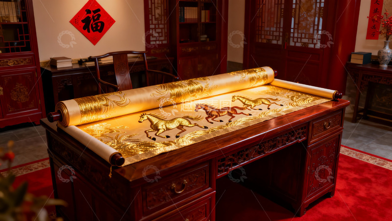 高清大图下载【趣麦麦图】中式书房马图卷轴摆件