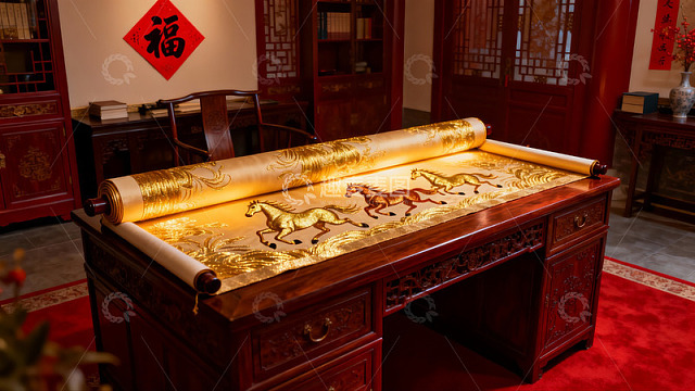 中式书房马图卷轴摆件