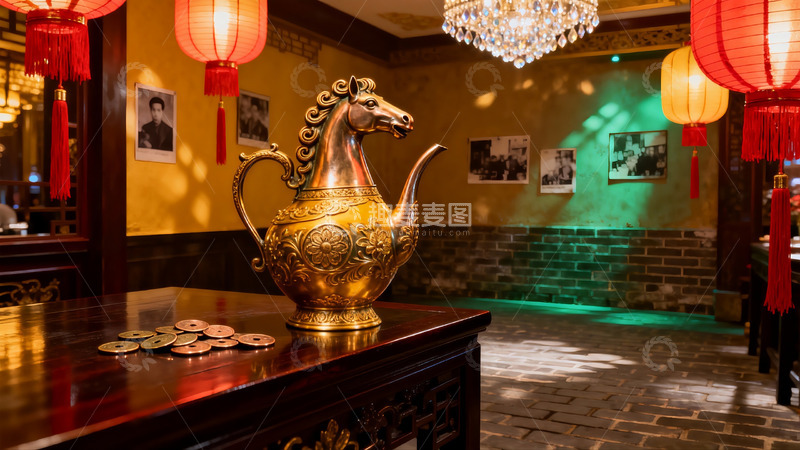 高清大图下载【趣麦麦图】中式茶室马形铜壶与红灯笼
