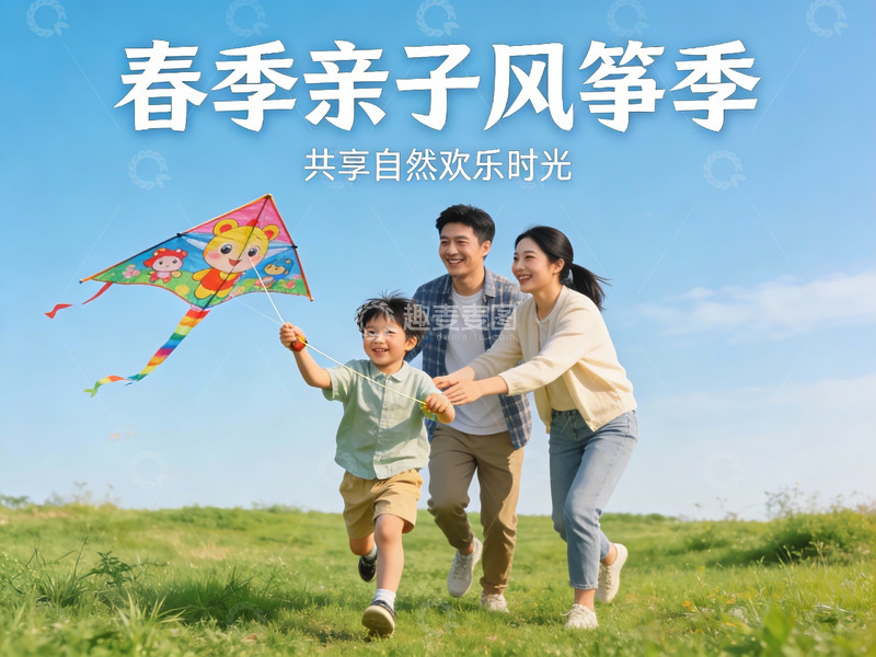 高清大图下载【趣麦麦图】春日亲子放风筝欢乐场景
