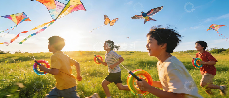 高清大图下载【趣麦麦图】孩子们户外放风筝欢乐奔跑