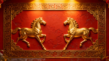 金色双马浮雕映衬红色墙面