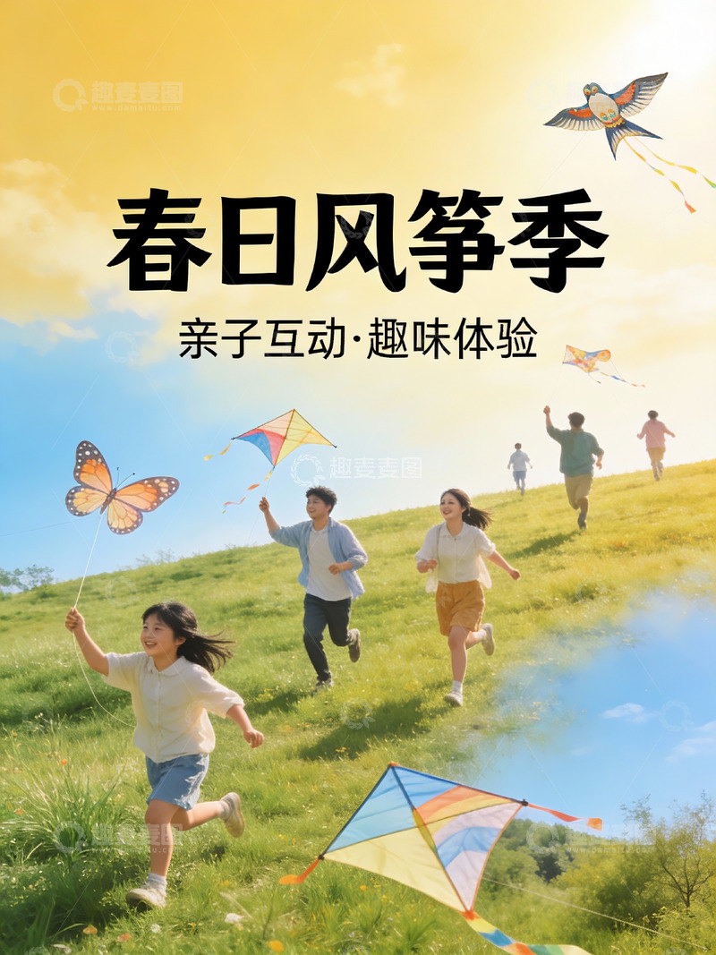 高清大图下载【趣麦麦图】春日草坡放风筝亲子乐