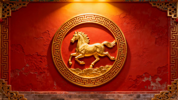 红色墙壁上的金色马雕