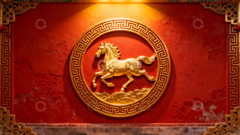 高清大图下载【趣麦麦图】红色墙壁上的金色马雕