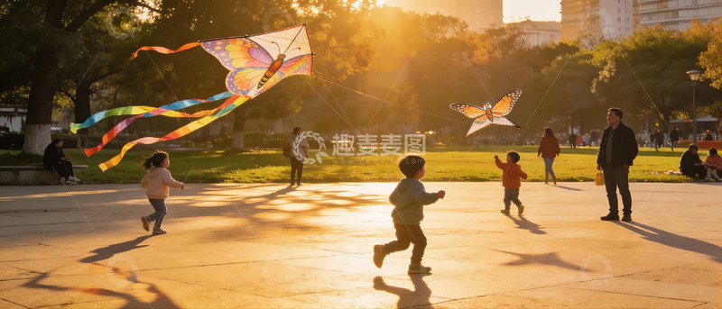 高清大图下载【趣麦麦图】夕阳公园儿童放风筝欢乐场景