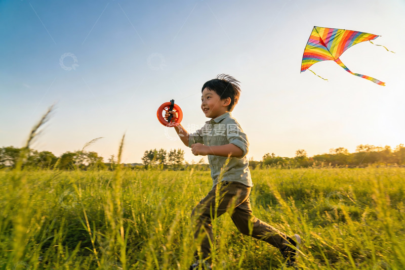 高清大图下载【趣麦麦图】小男孩草地上放风筝