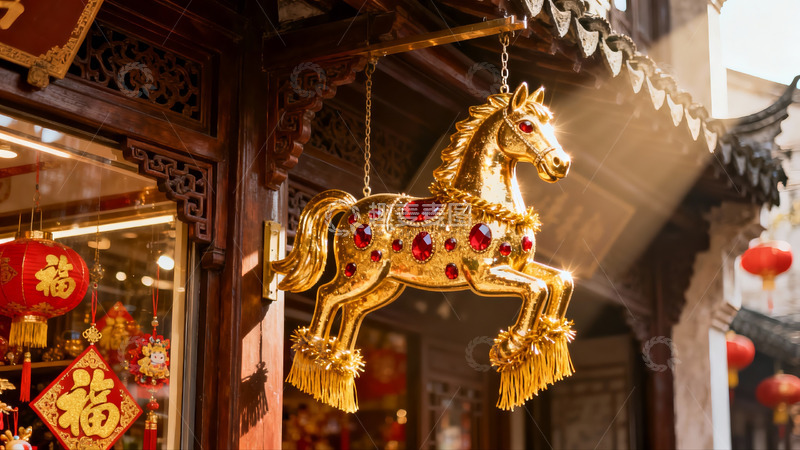 高清大图下载【趣麦麦图】金色马饰挂于古建筑前