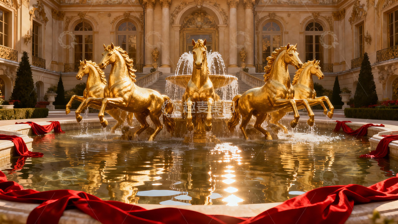 高清大图下载【趣麦麦图】金色骏马喷泉与华丽建筑