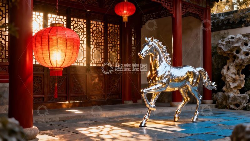 高清大图下载【趣麦麦图】古典庭院中的银马与红灯笼