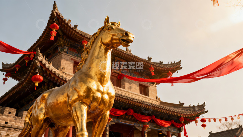 高清大图下载【趣麦麦图】金色马雕像与古建筑红灯笼