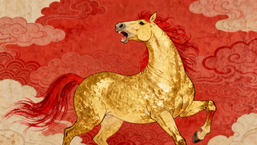金色骏马奔腾于祥云背景之上