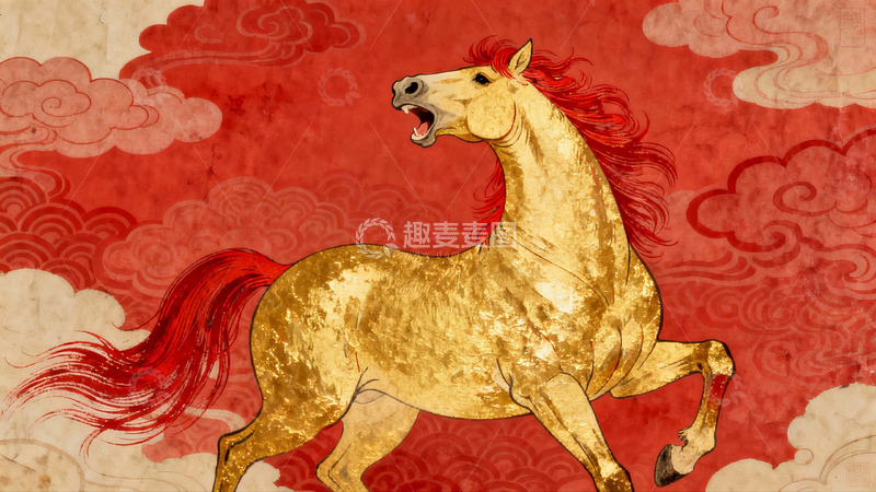 高清大图下载【趣麦麦图】金色骏马奔腾于祥云背景之上