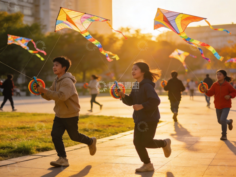 高清大图下载【趣麦麦图】夕阳下奔跑放风筝