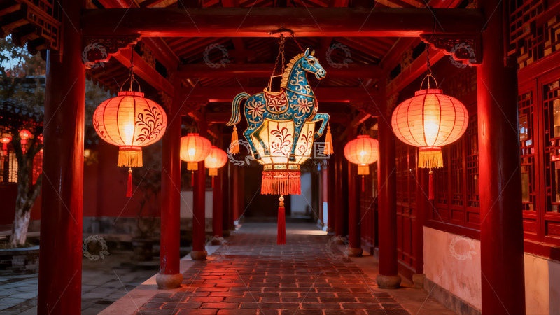 高清大图下载【趣麦麦图】古色古香长廊挂满红灯笼