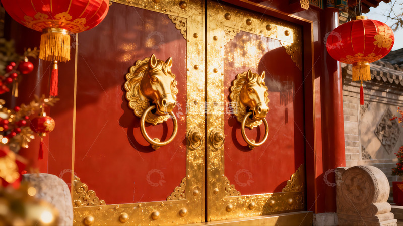 高清大图下载【趣麦麦图】红金大门挂灯笼喜庆迎新年