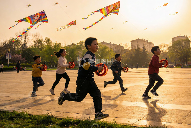 高清大图下载【趣麦麦图】孩子们户外放风筝欢乐奔跑