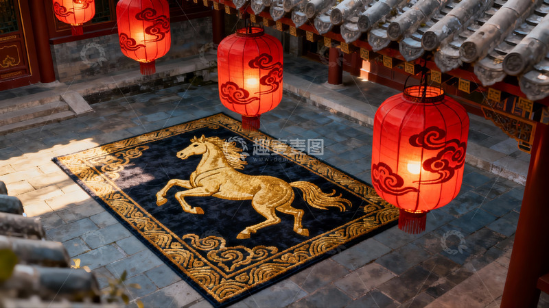 高清大图下载【趣麦麦图】古建筑庭院红灯笼与马纹地毯