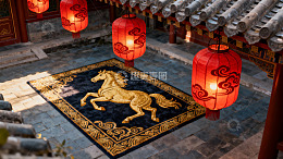 古建筑庭院红灯笼与马纹地毯