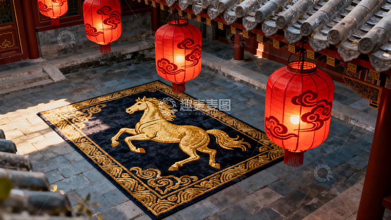 古建筑庭院红灯笼与马纹地毯