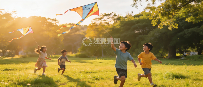 高清大图下载【趣麦麦图】儿童草地上放风筝欢乐奔跑