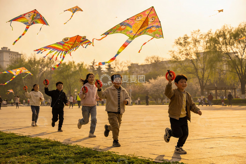 高清大图下载【趣麦麦图】孩子们公园放风筝欢乐奔跑
