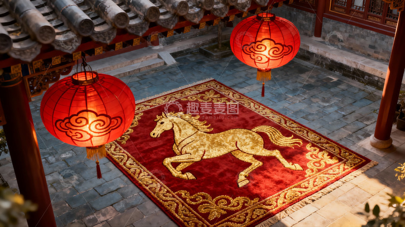 高清大图下载【趣麦麦图】古建筑庭院挂红灯笼铺马纹地毯