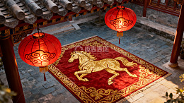 古建筑庭院挂红灯笼铺马纹地毯