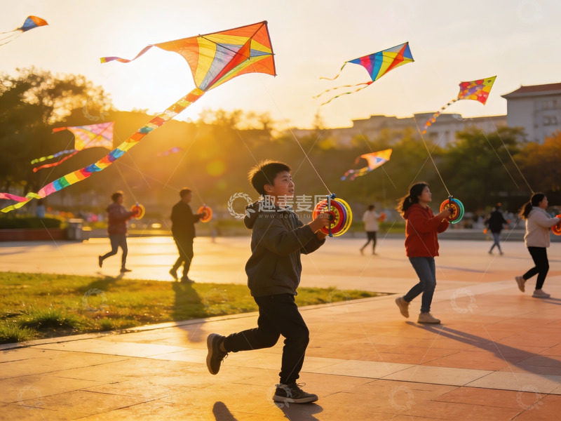 高清大图下载【趣麦麦图】夕阳下公园放风筝欢乐场景