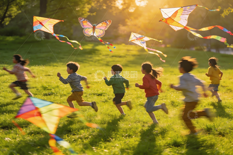 高清大图下载【趣麦麦图】孩子们草地上放风筝