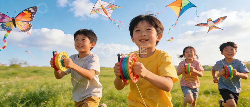 高清大图下载【趣麦麦图】儿童草地上放风筝欢乐场景