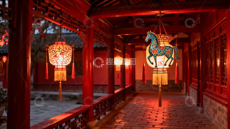 高清大图下载【趣麦麦图】古色古香长廊夜景灯笼高挂