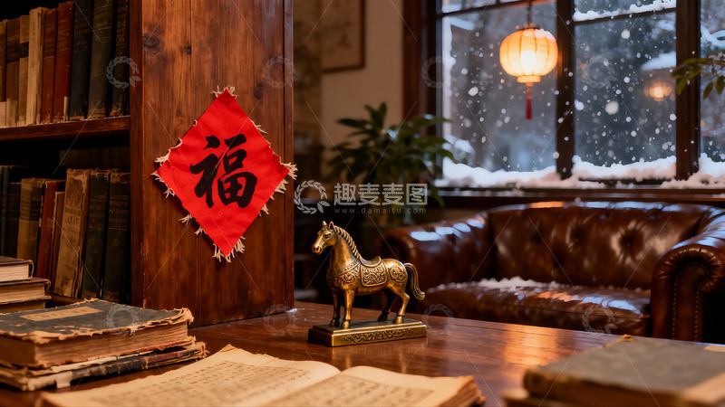 高清大图下载【趣麦麦图】雪夜书房古韵静谧