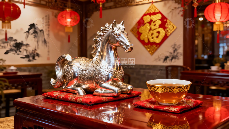 高清大图下载【趣麦麦图】中式餐厅内银马摆件与茶碗