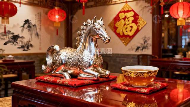 中式餐厅内银马摆件与茶碗