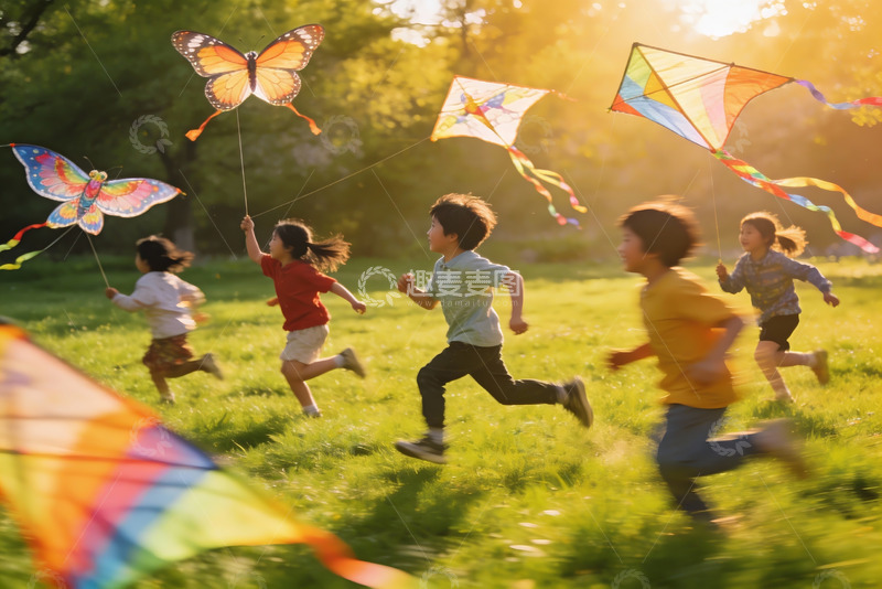 高清大图下载【趣麦麦图】孩子们户外放风筝欢乐奔跑
