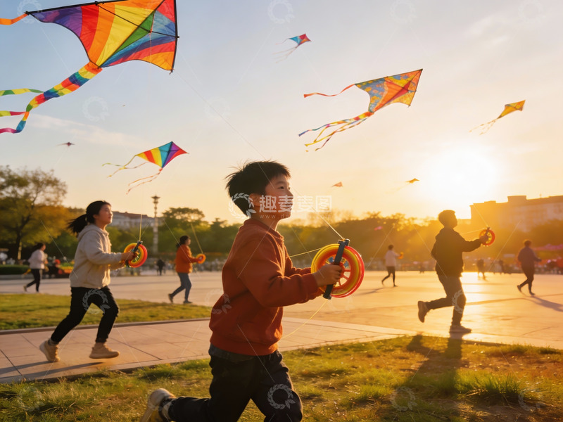 高清大图下载【趣麦麦图】夕阳下公园放风筝的欢乐场景