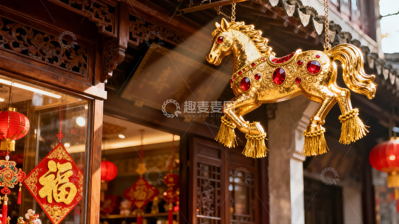 高清大图下载【趣麦麦图】金色马饰挂于传统建筑前