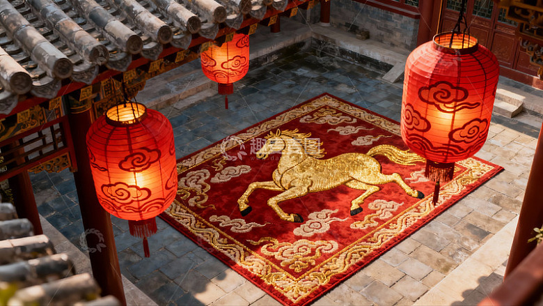 古建筑庭院红灯笼与马纹地毯