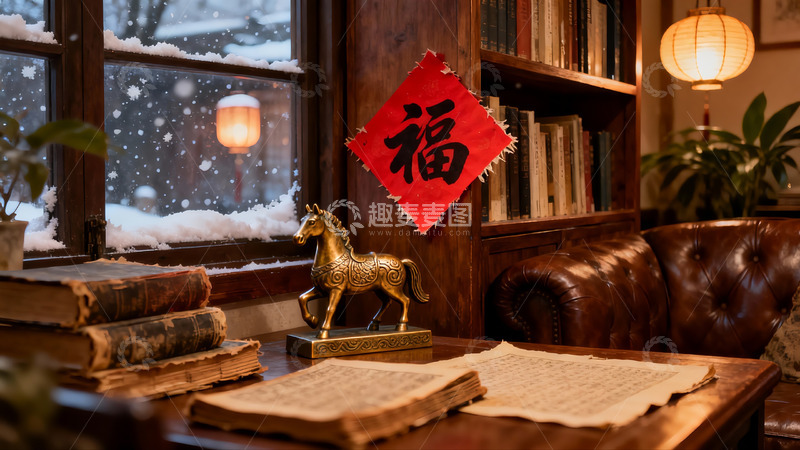 高清大图下载【趣麦麦图】雪夜书房古韵浓