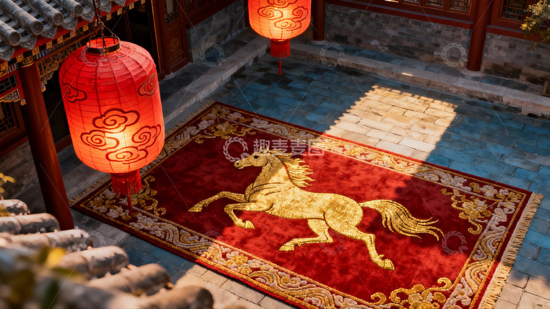 高清大图下载【趣麦麦图】古建筑庭院红灯笼与马纹地毯