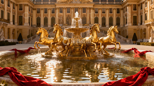 金色喷泉雕塑与古典建筑
